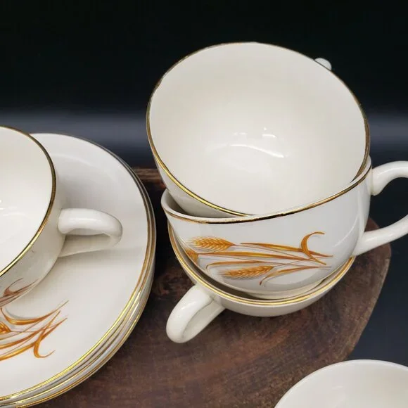 Golden Wheat 22K Gold Oven Proof Cup & Saucer Set 6 + Berry Bowl Made USA - Picture 6 of 12